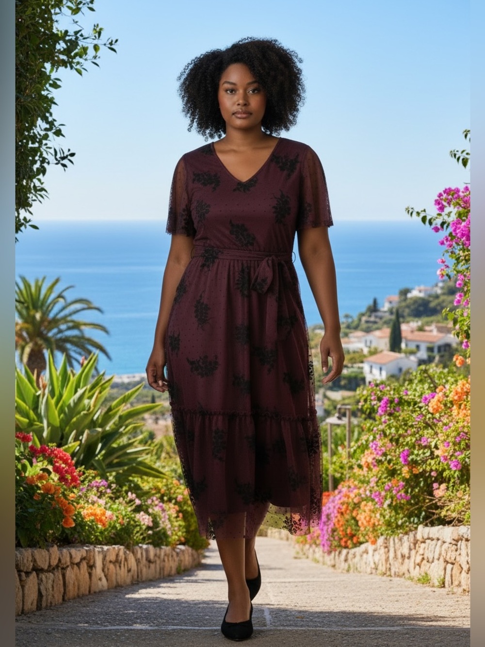 Lane Bryant Burgundy Midi Dress with Black Floral Lace Overlay